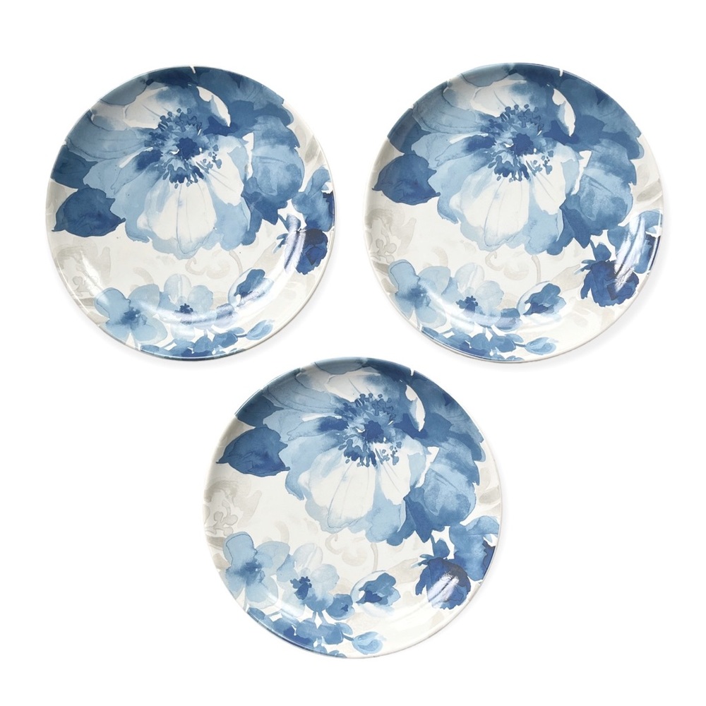 CATHERINE MALANDRINO BLUE & WHITE FLORAL PORCELAIN 8" SALAD PLATES, Set of 3